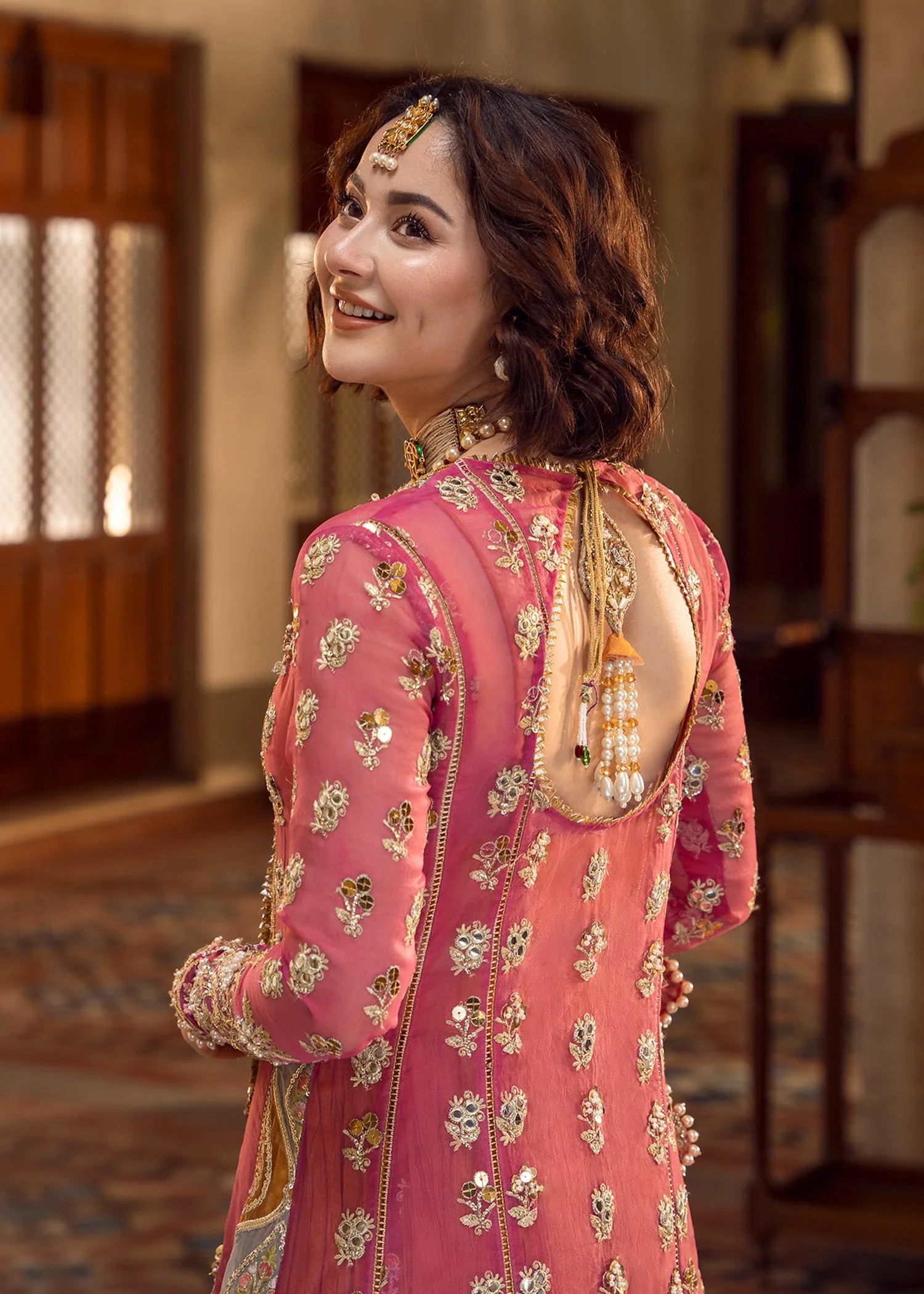 Mehndi Galore pakistani fashion outfit in gold, mustard, orange, pink…